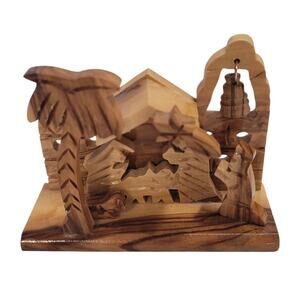 Hand Carved Olive Wood Manger Nativity Scene Israel Bell Christmas 3"